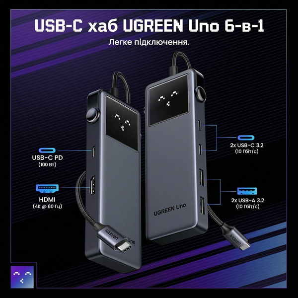 Хаб Ugreen Uno 6 в 1 4K 60Гц HDR 2x USB-C + 2x USB-A 10 Гбіт/с PD 100 Вт Сірий (35998) MB-98790 фото
